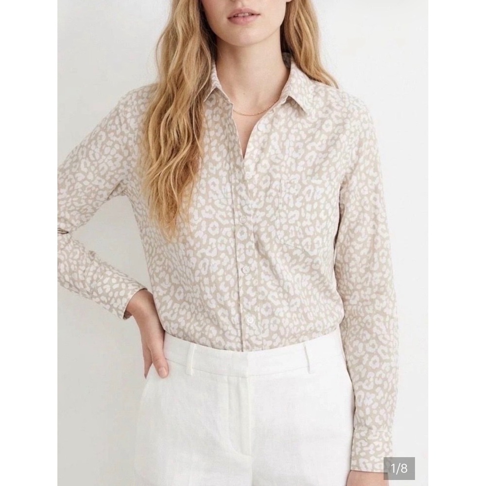J.Crew Leopard Print Button Down Shirt Womens Size M Tan White Preppy Classic